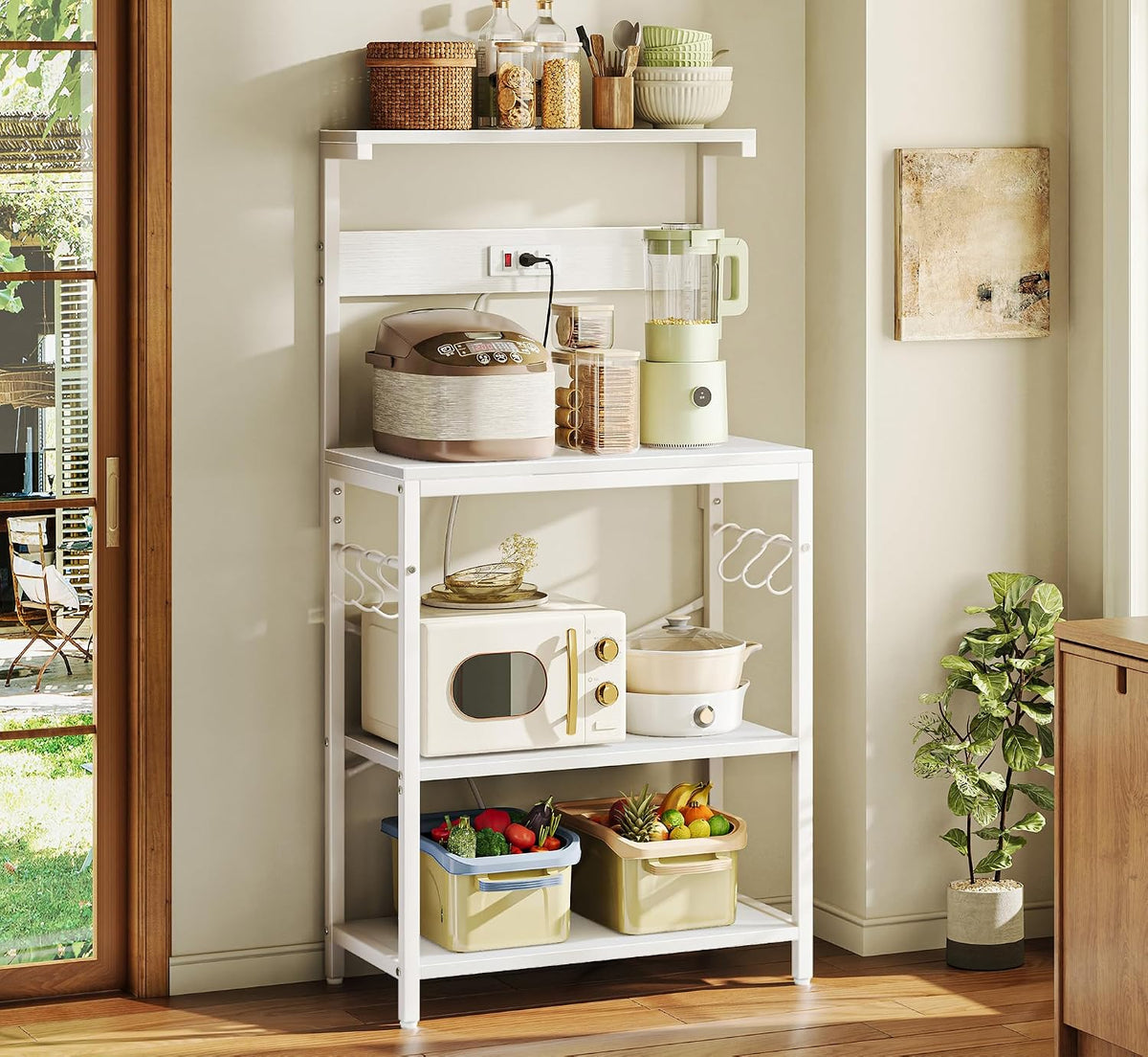 SUPERJARE Kitchen Bakers Rack with Power Outlet, Coffee Bar Table 4 Tiers, Kitchen Microwave Stand with 6 S-Shaped Hooks, Storage Shelf Rack for Spices, Pots and Pans - White