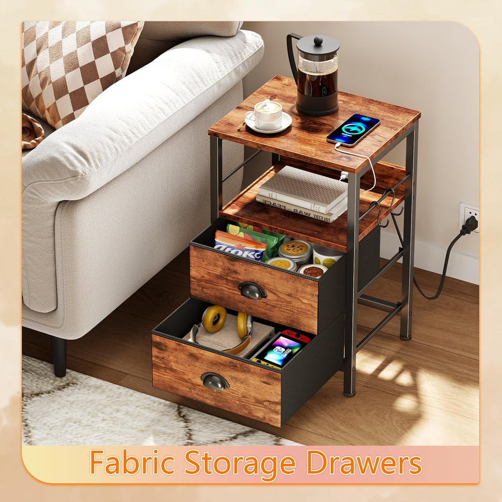 Furologee Nightstand with Charging Station for Dorm, 2 Fabric Drawers