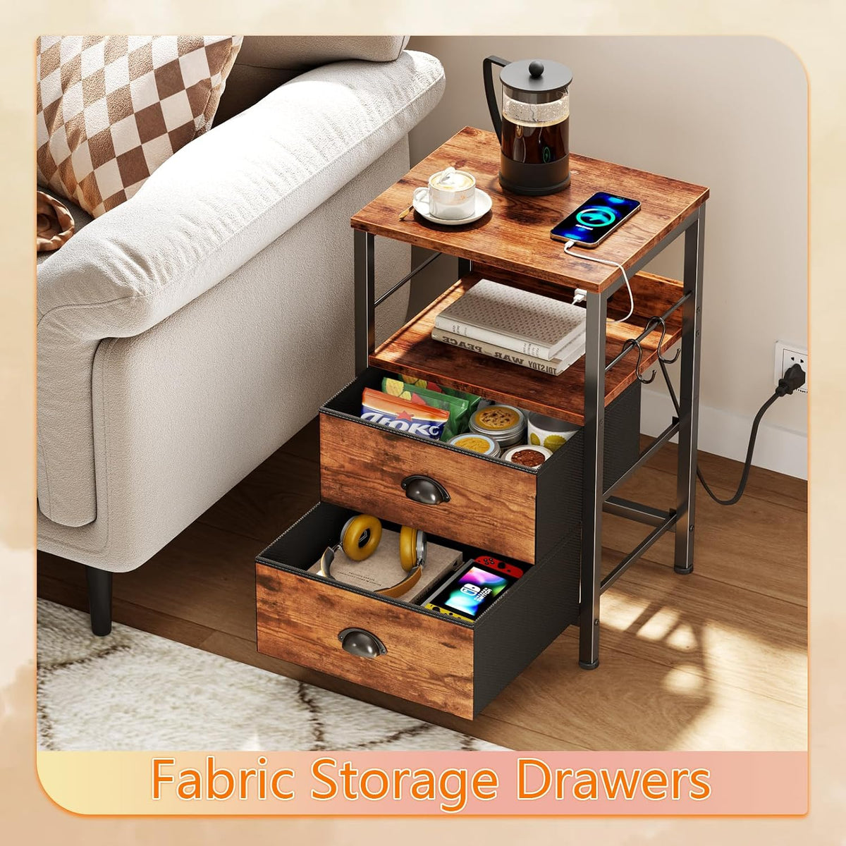 Furologee Nightstand with Charging Station for Dorm, 2 Fabric Drawers