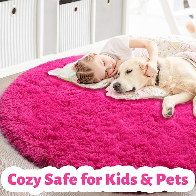 Hot Pink Round Circle Rug 6Ft for Girls Bedroom, Big Fluffy Area Rugs for Kids - Image 4