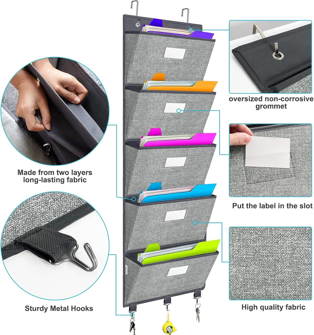 Over the Door Wall File Organizer, Hanging File Folders Organizer with 5 Large Pockets for Office and Back to School Supplies, Papers, Charts, Mails, Magazine Storage and Organization