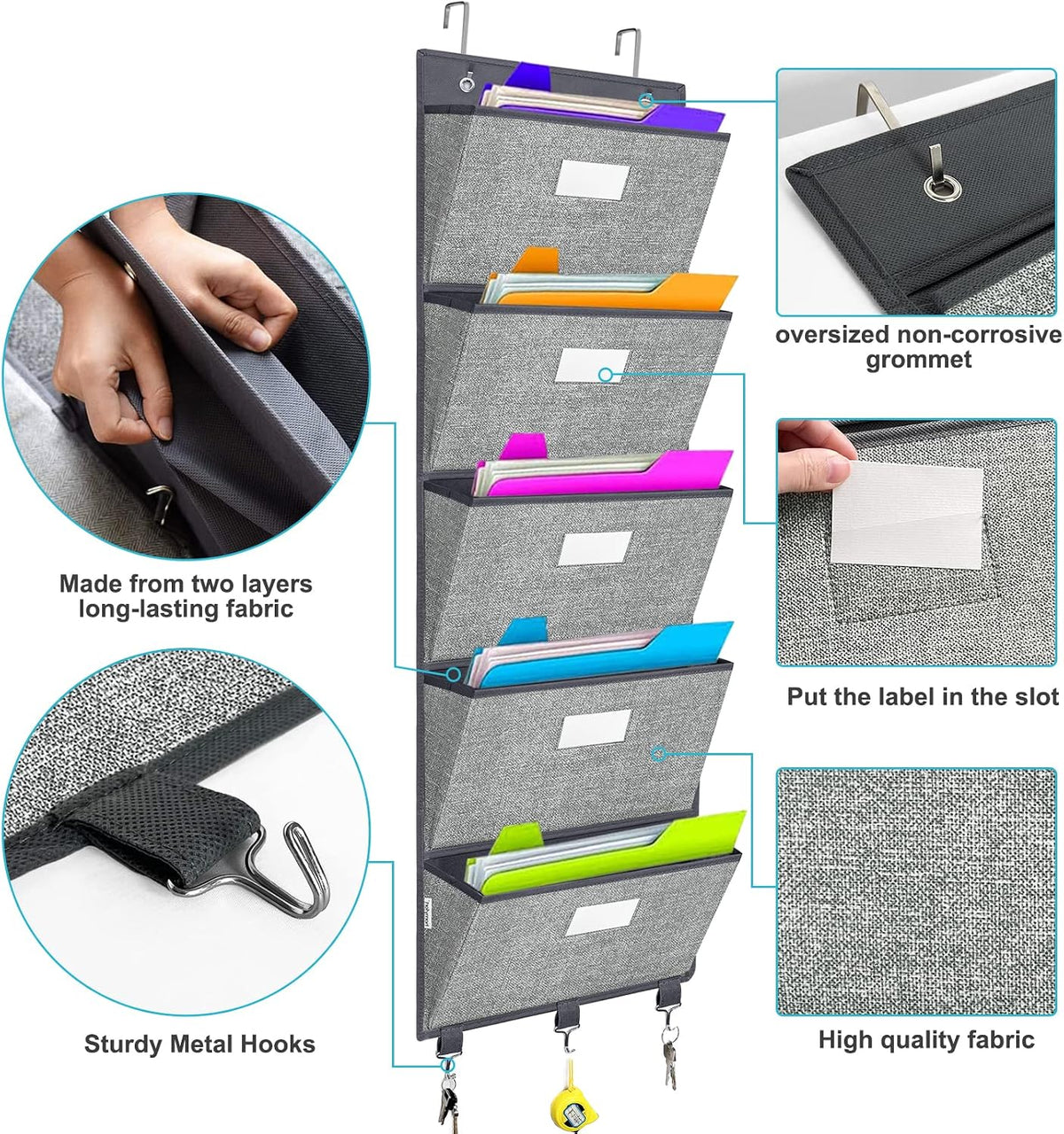 Over the Door Wall File Organizer, Hanging File Folders Organizer with 5 Large Pockets for Office and Back to School Supplies, Papers, Charts, Mails, Magazine Storage and Organization