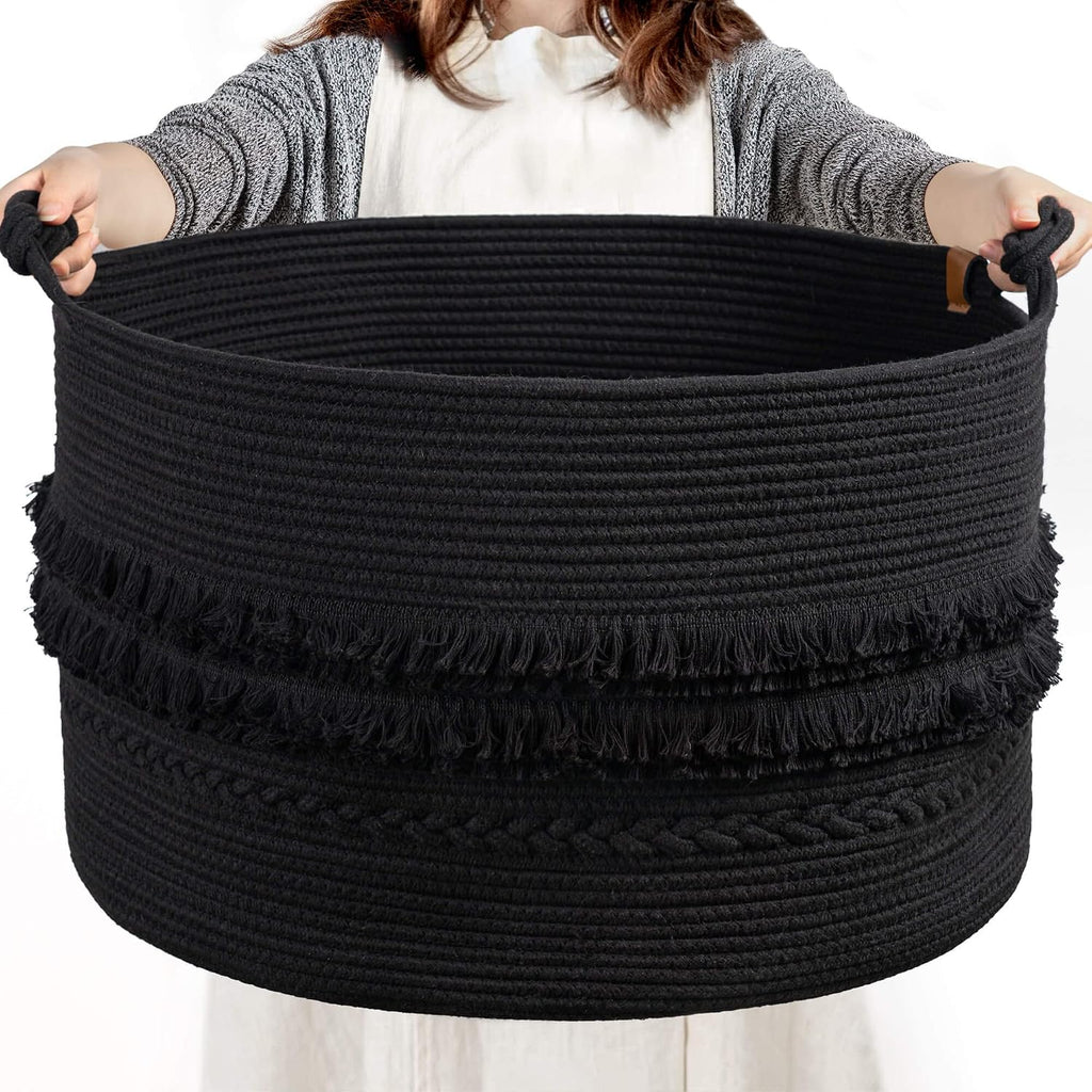 CherryNow 90L Large Woven Rope Blanket Basket with Tassel, 22" x 14", Black