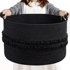 CherryNow 90L Large Woven Rope Blanket Basket with Tassel, 22" x 14", Black