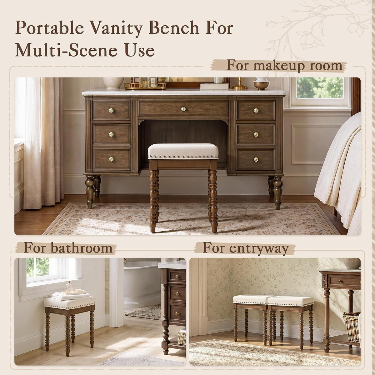 LUE BONA Vintage Vanity Chair with Spindle Solid Rubberwood Legs