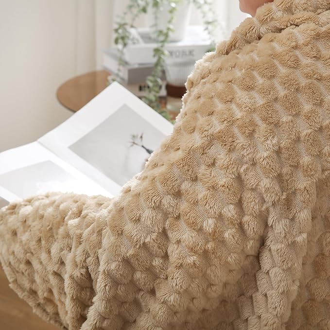 Puncuntex Beige Throw Blanket 60"×80" inches Fuzzy 3D Jacquard Decorative - Image 4