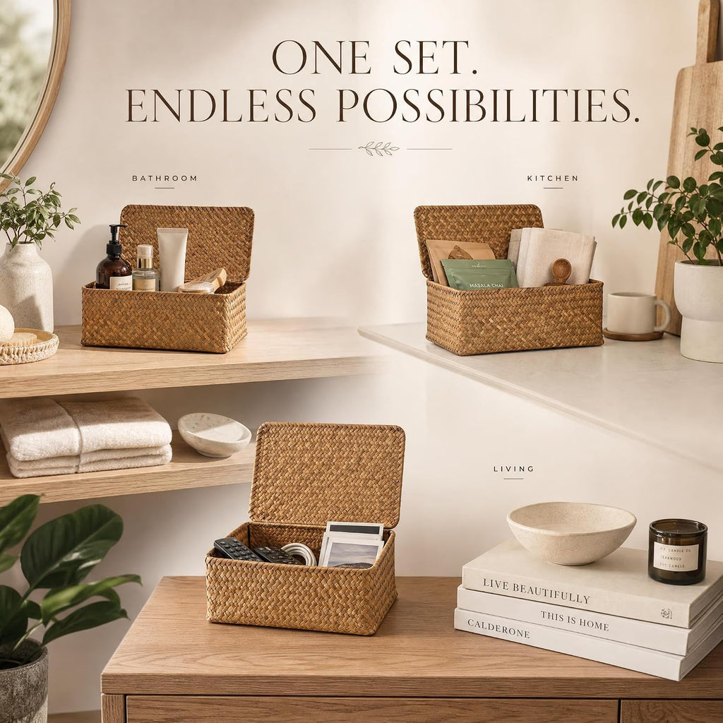 Decorative Wicker Storage Boxes with Lids - Set of 3 Seagrass Organizers