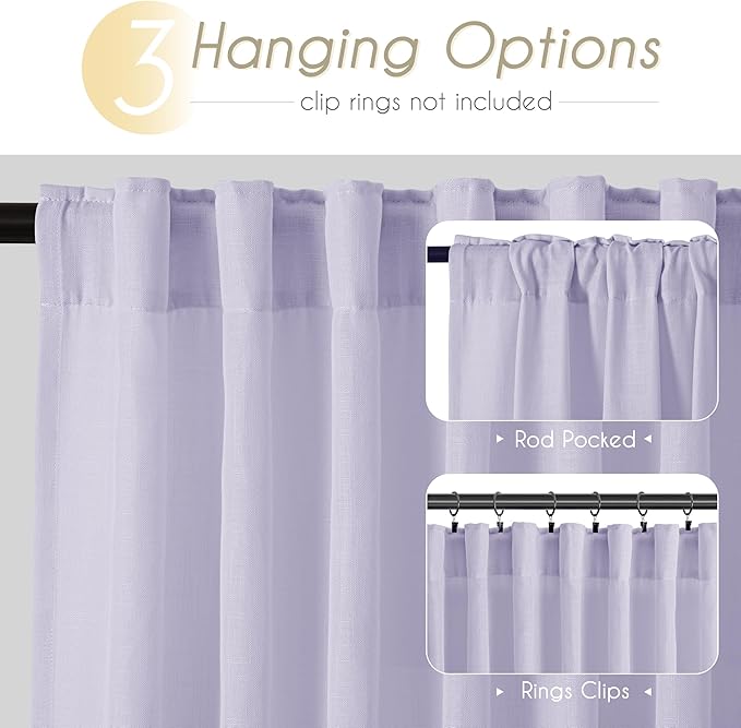 Lavender Semi Sheer Linen Curtains 96 Inches Long 2 Panels Set - Image 2