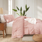 Andency Ruched Blush Pink King Comforter Set, Boho Ruffle Bedding 3 Pieces