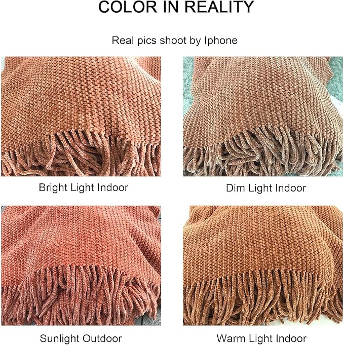 lifein Throw Blanket for Couch, Soft Boho Bed Throw, Cozy Burnt Orange Chenille - Image 6