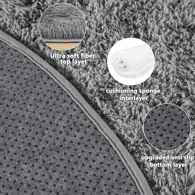 3'x3' Grey Round Rug for Bedroom, Ultra Soft Fluffy Circle Rug for Kids Girls - Image 5