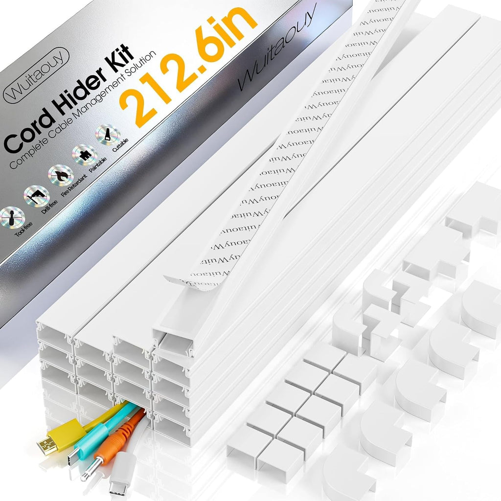 Wire Covers for Cords on Wall, 212.6in Cord Hider Wall, Cord Covers for 2-3 Wires on Wall, Paintable Cable Hider Raceway, Easier Set-up Wire Hider, Self-Adhesive Cable Cover, W0.95 H0.55in, White