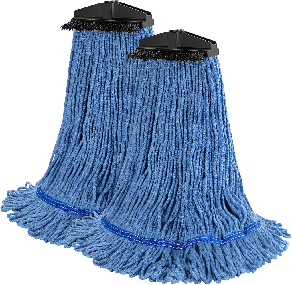 ONESIMUS Large Heavy-Duty Commercial Mop Head Replacement – Screw-On Wet Industrial Cotton Looped String Refill with Built-in Tough Polypropylene Bristle Brush for Floor Cleaning (Blue 6 Pack)