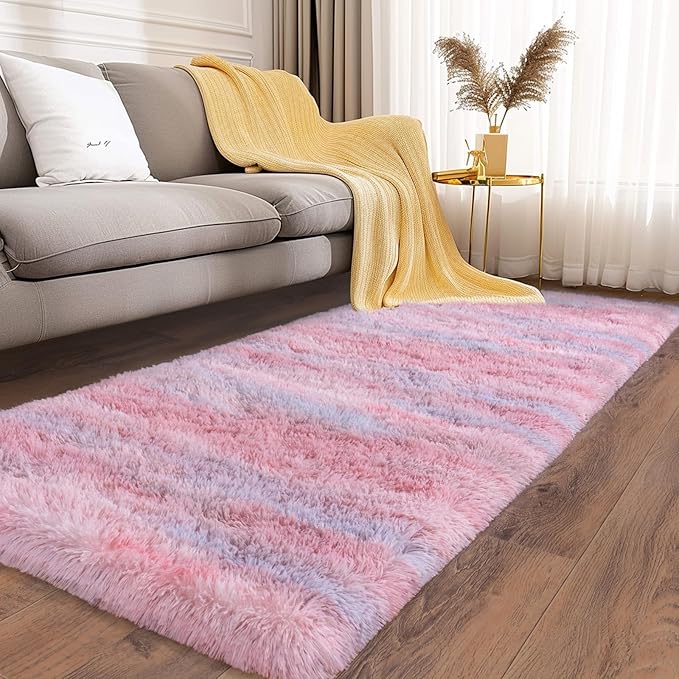 Soft Runner Rugs for Bedroom Hallways, 2x5 Abstract Pink Fluffy Shag Throw Area - Image 2