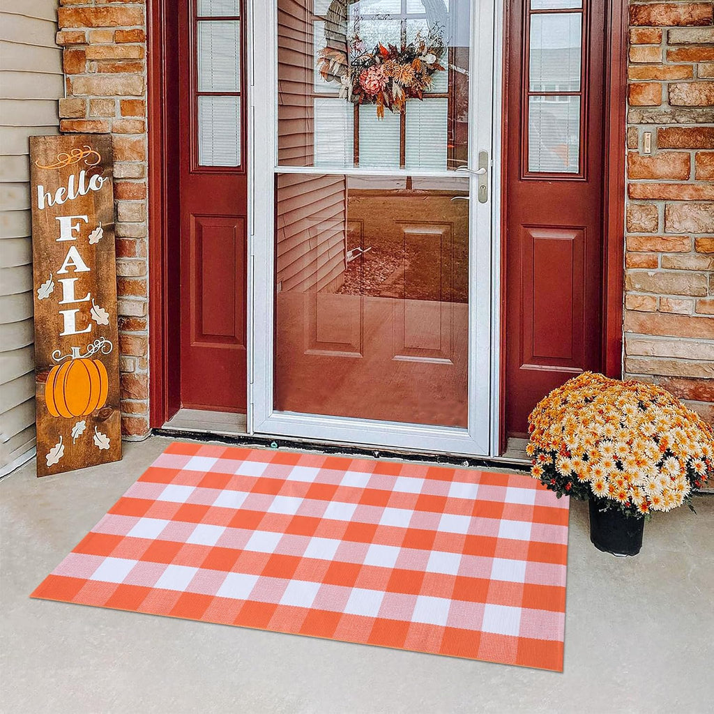 Fall Plaid Area Rug 3x5 Ft, Orange and White Buffalo Check Large Farmhouse Cotton Rug, Hand-Woven Washable Indoor Outdoor Carpet for Halloween Thanksgiving Autumn Porch Patio Decor