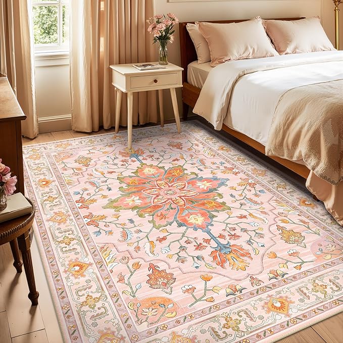 Area Rugs 5'x7' Washable Non-Slip, Floral Vintage Distress Print Pattern - Image 2