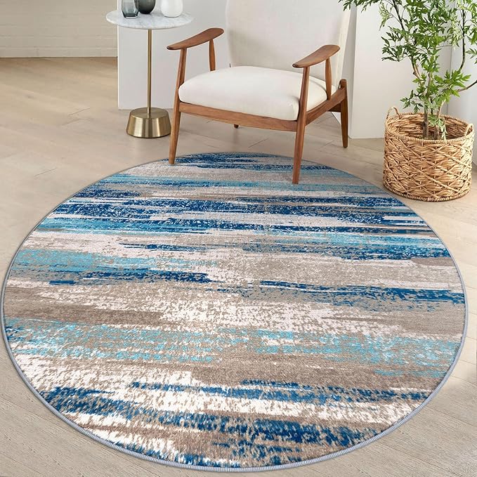 Lansny Modern Abstract Round Rug 5Ft, Circular Dining Room Rugs Thin Print Faux by lansny