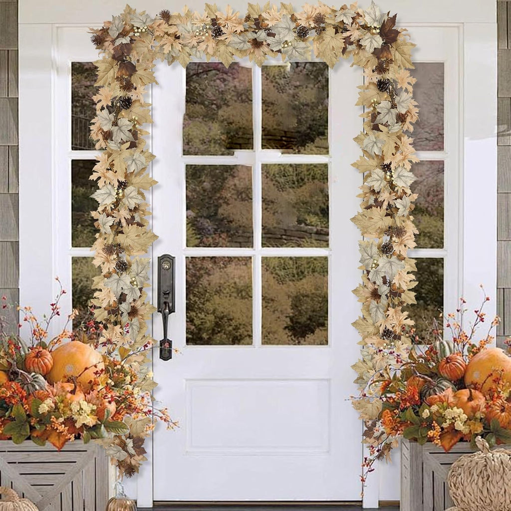 Realistic Fall Garland with Lights, 6 FT Real Touch Feel Leaves Garland with Berries Pine Cones, Fall Decorations for Home Thanksgiving Halloween Decorations Indoor Farmhouse Porch Fireplace