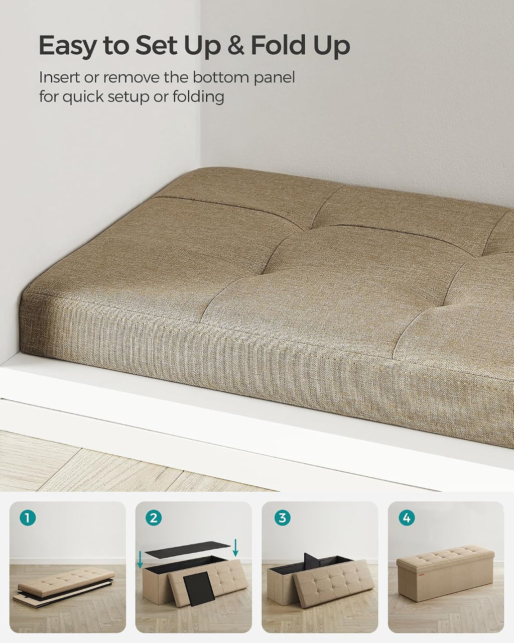 SONGMICS 43.3 Inches Folding Storage Ottoman Bench, Load 660 lb
