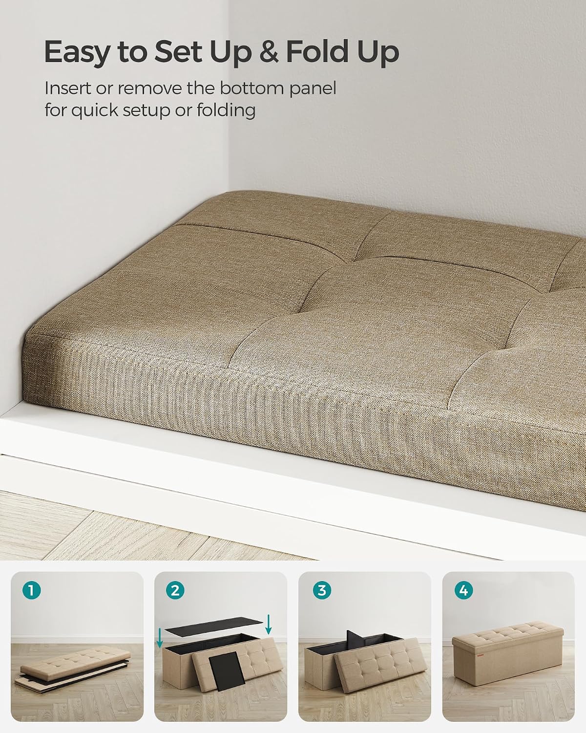 SONGMICS 43.3 Inches Folding Storage Ottoman Bench, Load 660 lb