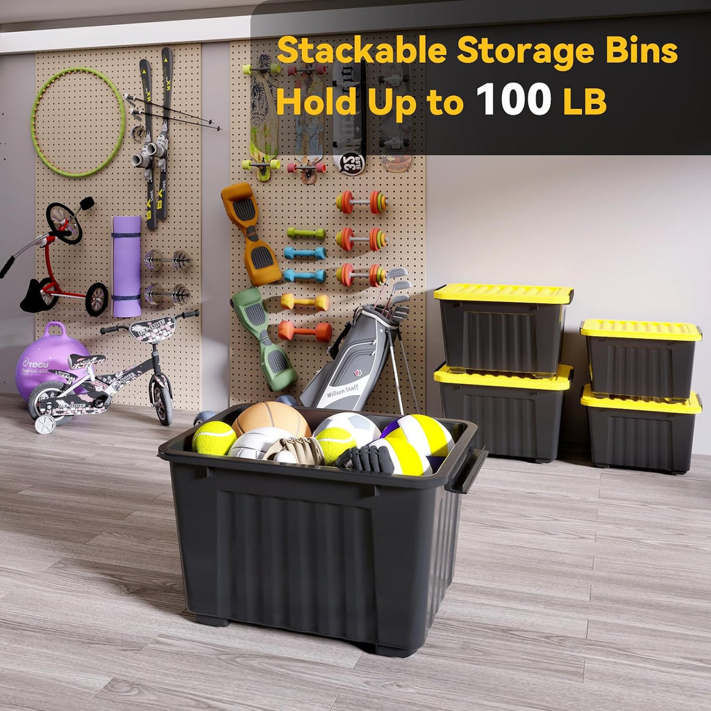 72 Quart Plastic Storage Bin On The Wheels, Stackable and Nestable Storage Boxes with Lids and Secure Latching Buckles, Large Storage Container (Black/Yellow, 72Quart-4Pack)
