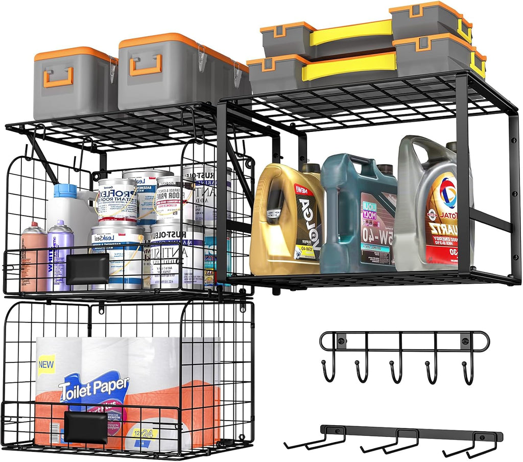 ThreeHio Garage Shelf Wall Mounted with Wire Baskets, Heavy Duty Garage Wall Shelving with Garden Tool Rack and Hooks, Wire Shelf Baskets Tool Organizer for Home Garden Yard Organization and Storage