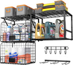 ThreeHio Garage Shelf Wall Mounted with Wire Baskets, Heavy Duty Garage Wall Shelving with Garden Tool Rack and Hooks, Wire Shelf Baskets Tool Organizer for Home Garden Yard Organization and Storage