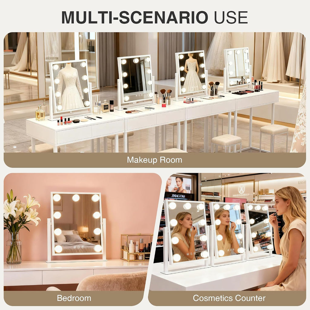 Makeup mirror with lights,Hollywood Vanity Mirror with 9 LED Bulbs，12" x 13.2" Plug in Makeup Mirror for Desk,Smart Touch Control 3Colors Dimmable, light up mirror for makeup,Bedroom,Tabletop,White