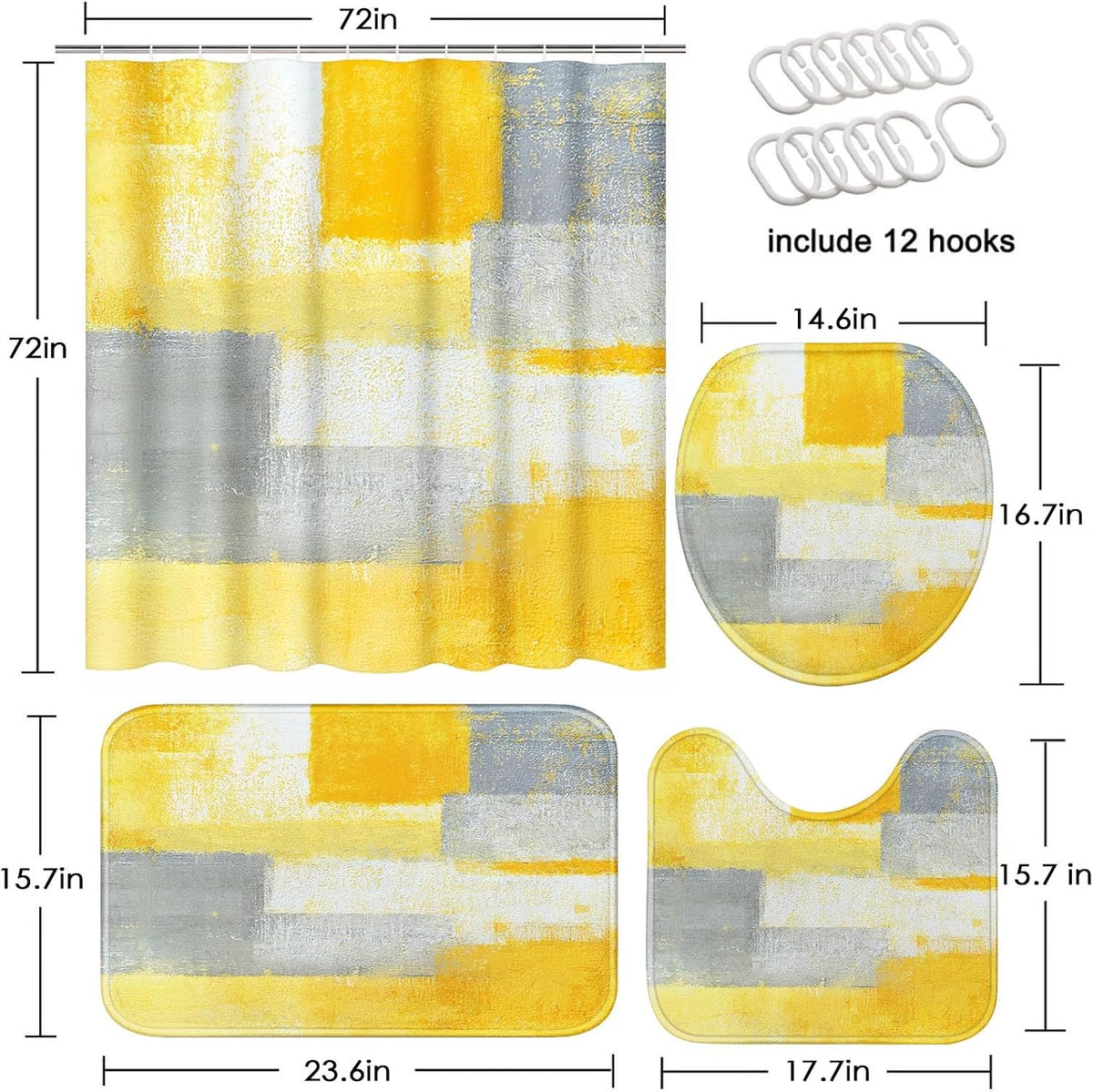 ArtSocket Bathroom Sets with Shower Curtain and Rugs, Set of 4 Grey Yellow