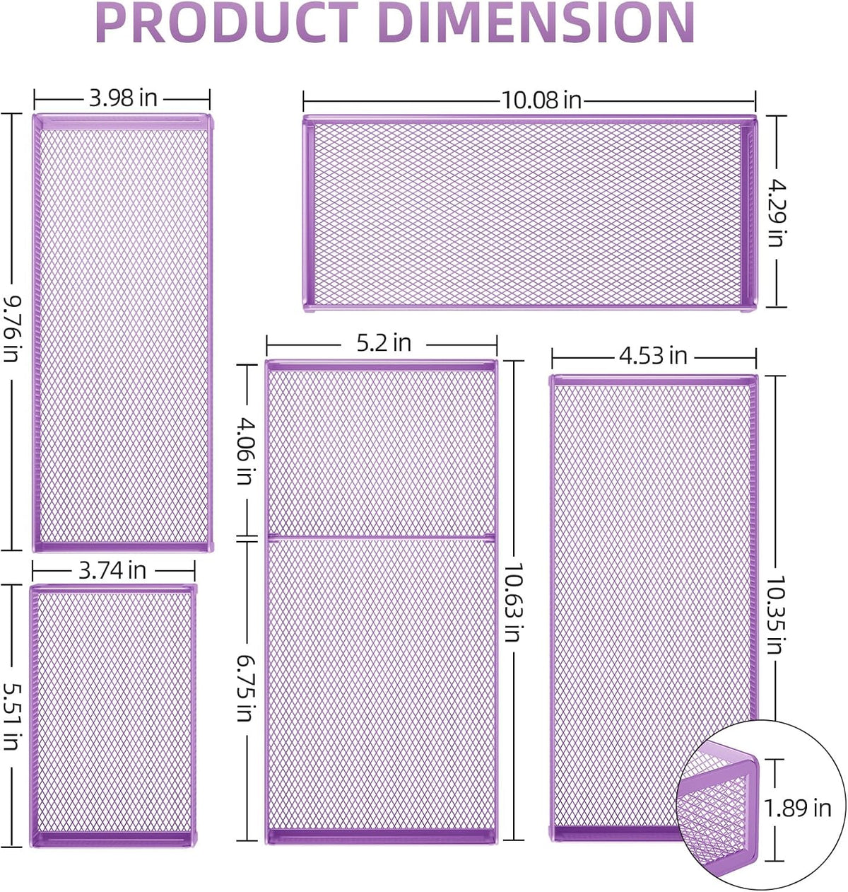 Marbrasse 5 Pack Desk Drawer Organizer Set, Mesh Drawer Storage Trays with 1 Adjustable Divider, Desk Organizers and Accessories, 5 PCS Drawer for Office Supplies, Makeup & Vanity (Purple)
