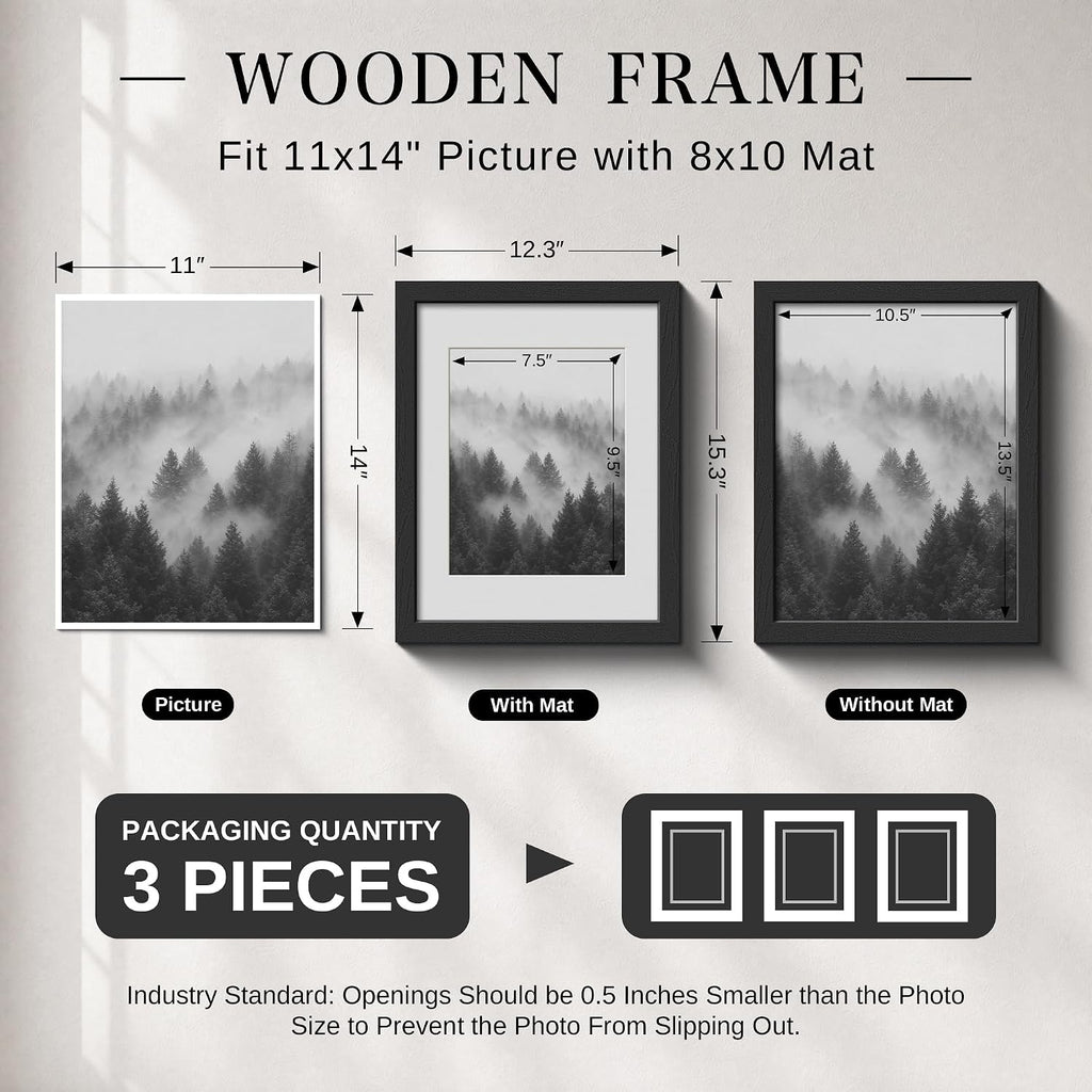 VCK 11x14 Picture Frame 3 Pack, Black Solid Wood, Real Glass, for Photo