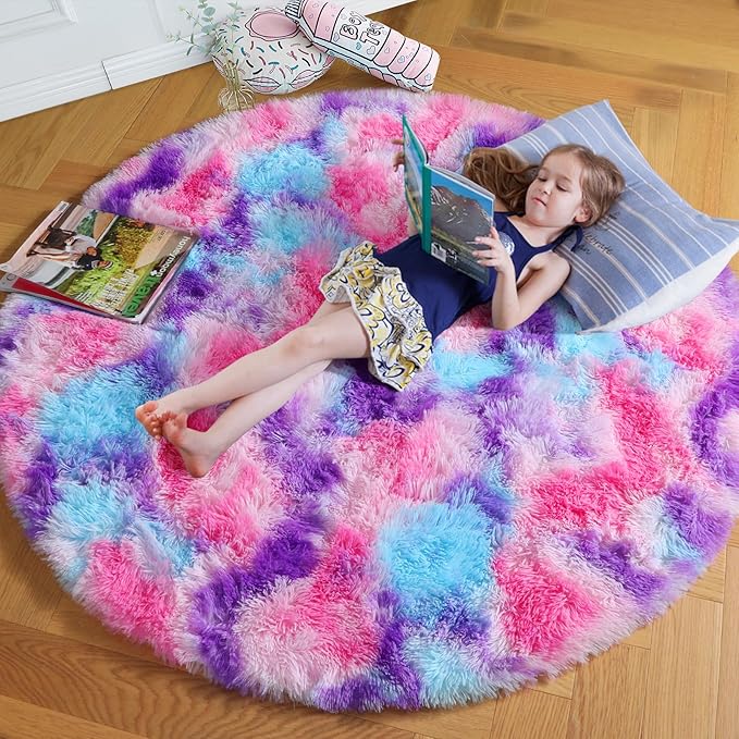 Amdrebio Hot Pink Rainbow Round Circle Area Rug 5Ft by Amdrebio