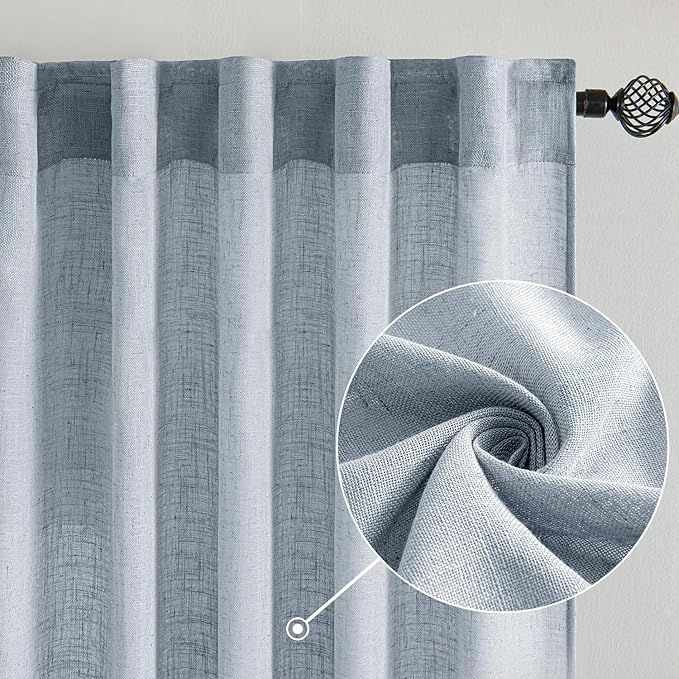 MIULEE Chambray Blue Linen Curtains 84 Inch Length 2 Panels - Image 2