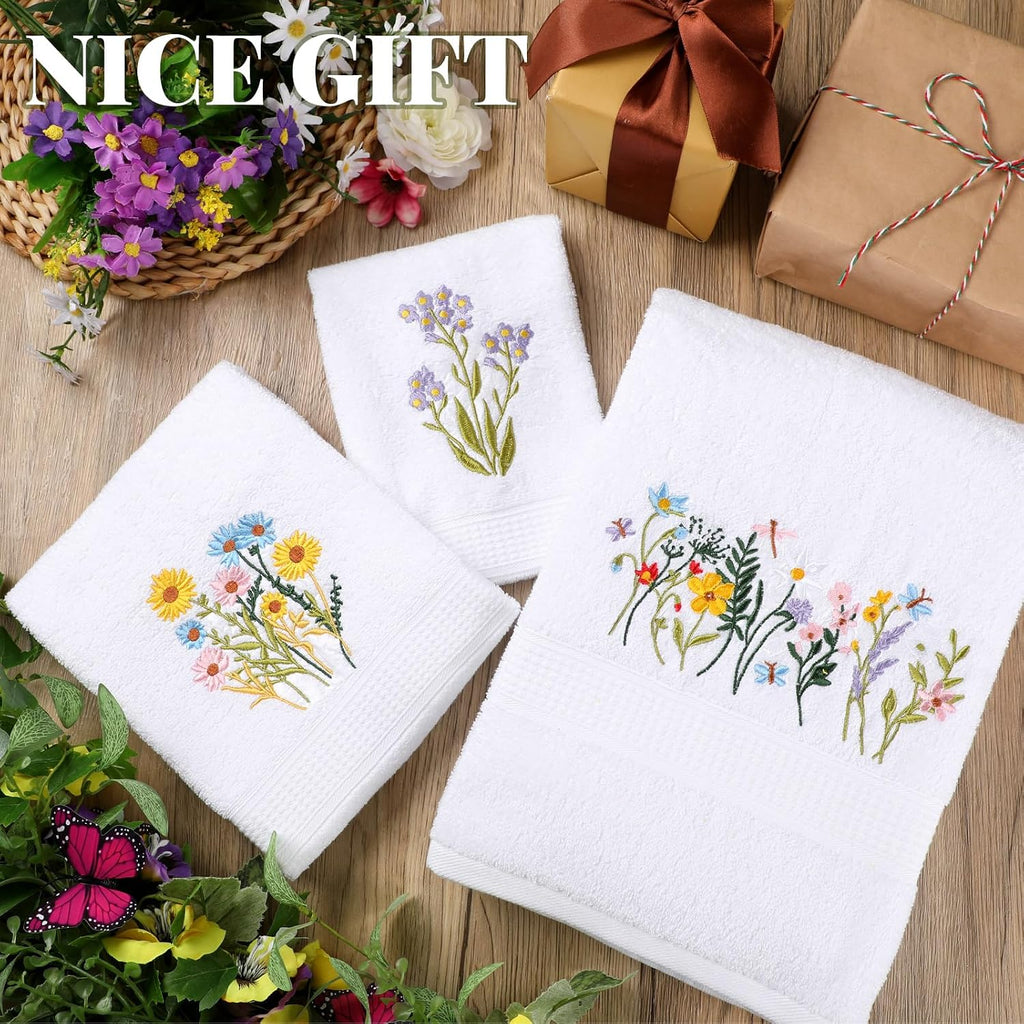 Moukeren 3 Pcs Floral Hand Towels Boho Wildflowers Cotton Bath Towel Set