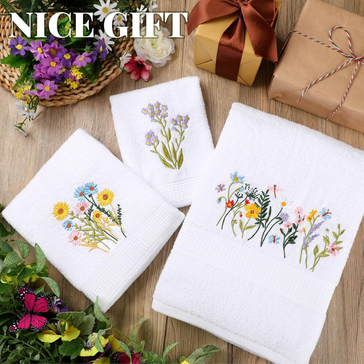 Moukeren 3 Pcs Floral Hand Towels Boho Wildflowers Cotton Bath Towel Set