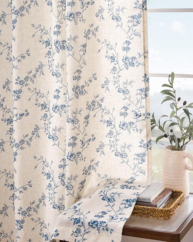 Lazzzy Farmhouse Linen Curtains Extra Long Blue Floral Curtains 108 Inch Long - Image 8