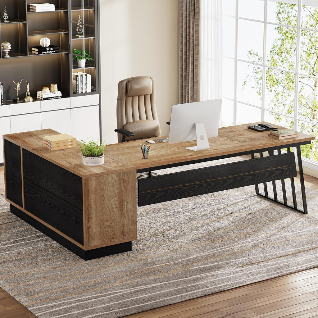 Tribesigns 71” Executive Desk, L-Shaped Desk with Cabinet, Oak and Black