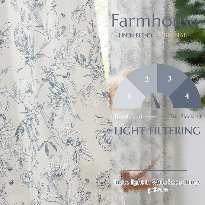 jinchan Floral Curtains 96 Inches Long Blue Flower Linen Farmhouse Curtain - Image 3