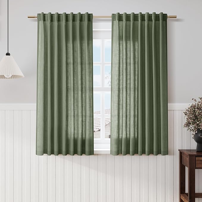Olive Green Linen Curtains 60 Inch Length 2 Panel Set Back Tab Rod Pocket Semi by Nanspring