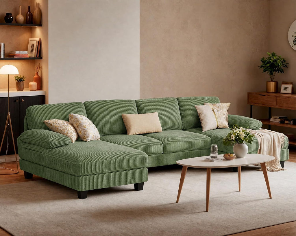 Furniwell U-Shaped Convertible Sectional Sofa Couch, Corduroy, Deep Green