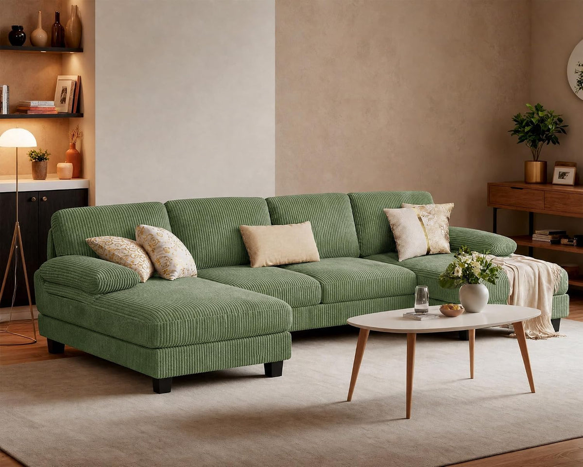 Furniwell U-Shaped Convertible Sectional Sofa Couch, Corduroy, Deep Green