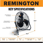 Remington High Velocity Floor Fan, 3 Speed Portable Cooling Unit - Heavy Duty Metal Airflow for Large Shops, Garages, and Warehouses, 20 Inch, Black