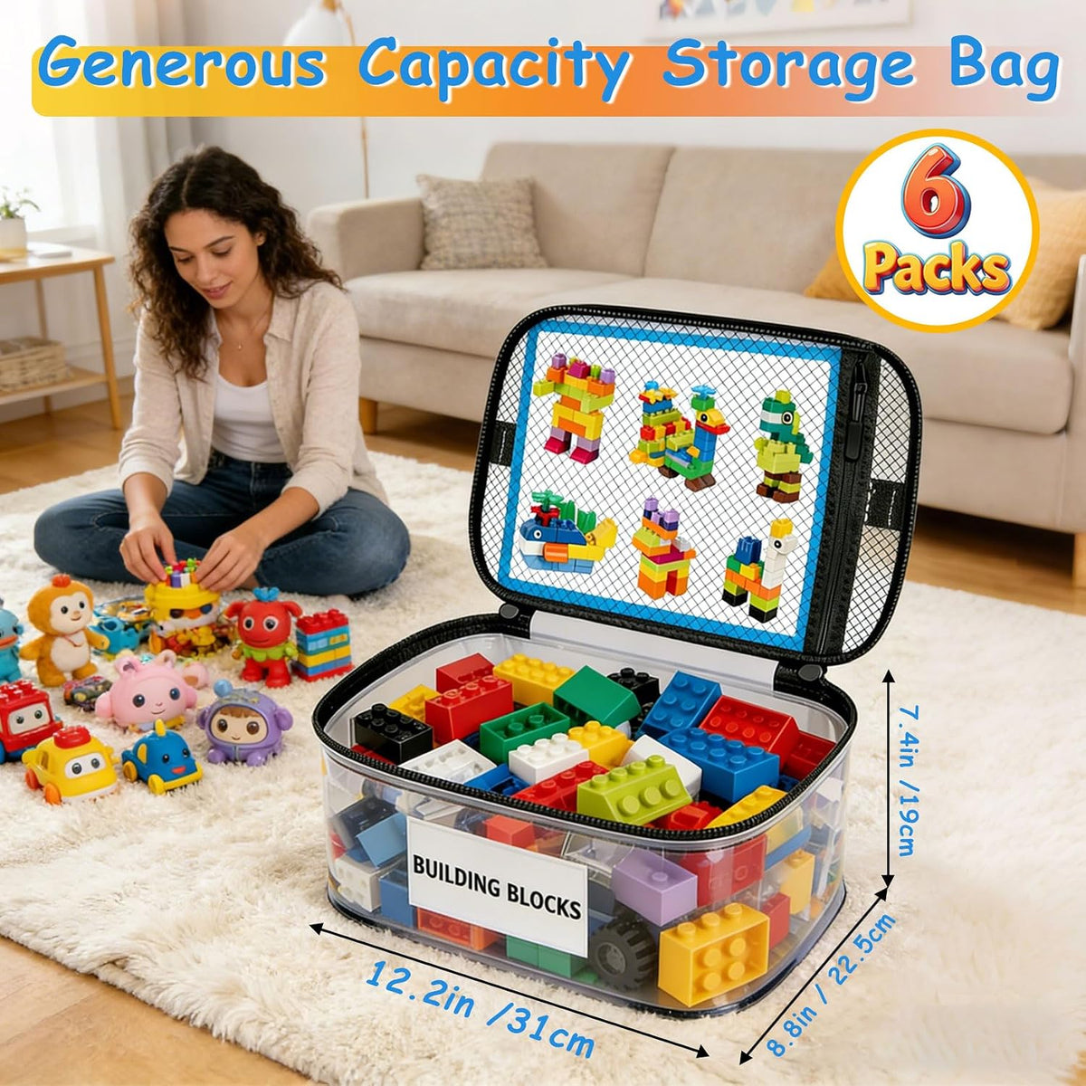 6 Pack Large Clear Toy Storage Bag with Name Tag, Waterproof PVC Toy Organizer Bags with Zipper & Manual Pocket, Toy Storage Organizer for Lego Bricks, Building Blocks, Board Games, Puzzles, Kid Books