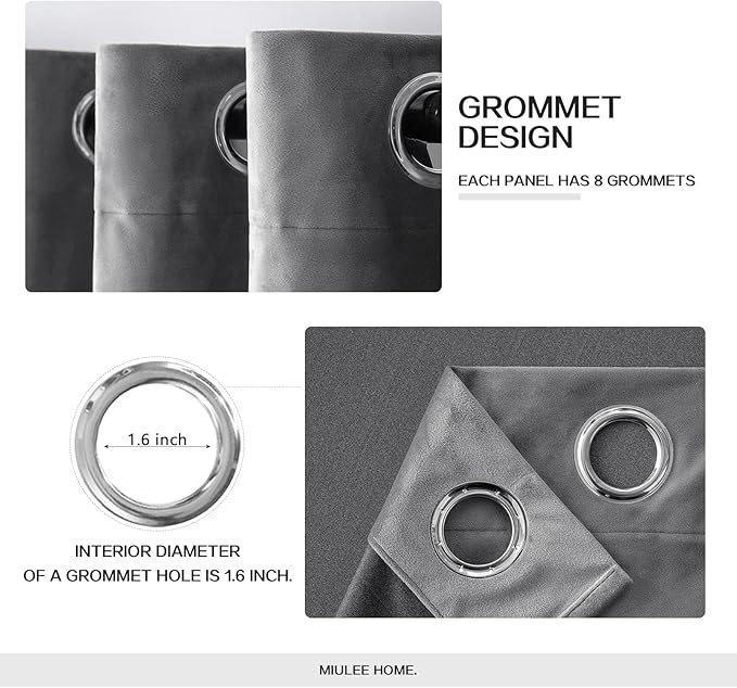 MIULEE 2 Panels Blackout Velvet Curtain Solid Soft Grommet Grey Room Darkening - Image 2