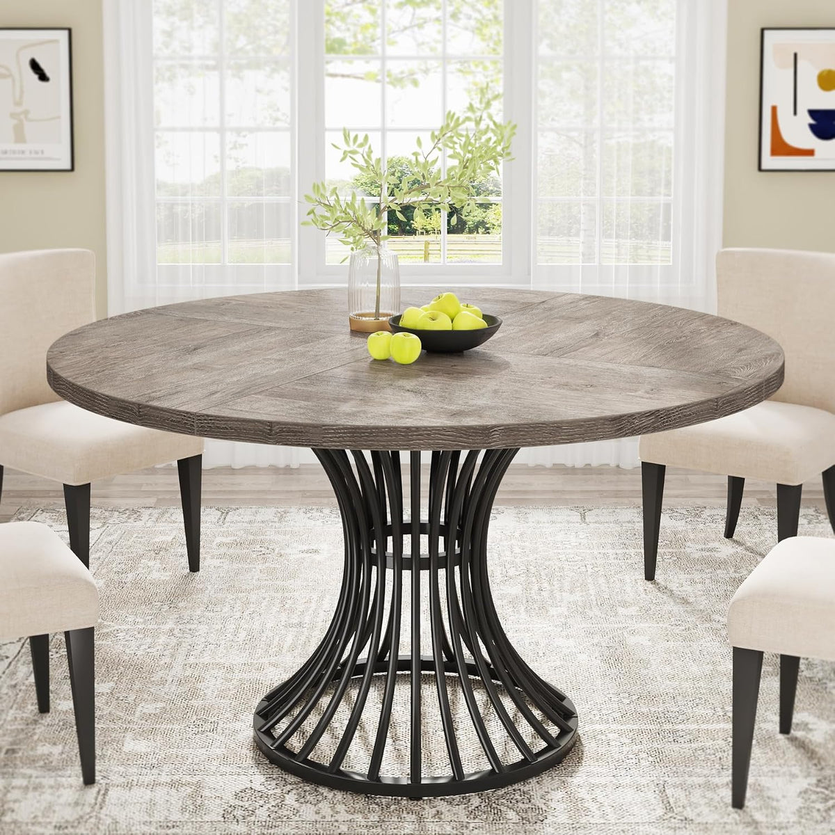 Tribesigns Round Dining Table for 4-6 People, 47-Inch Farmhouse Dinning Room Circle Kitchen Table, Industrial Dinner Table with Metal Base for Kitchen, Living Room, Gray