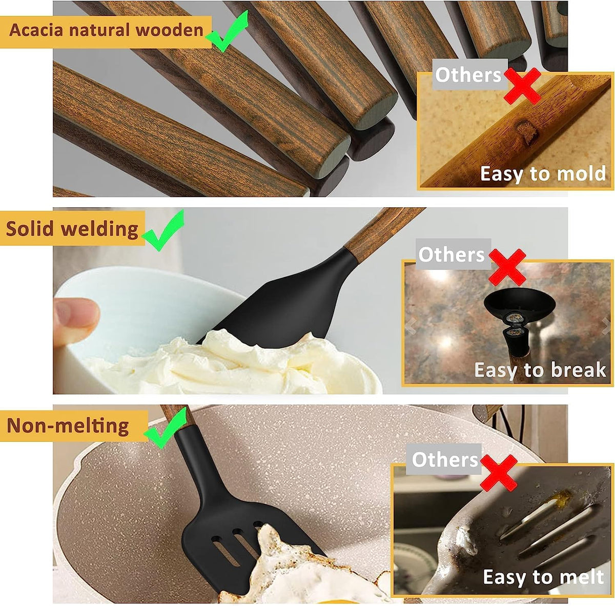 Silicone Cooking Utensil Set, Umite Chef 8-Piece Kitchen Utensils Set with Natural Acacia Wooden Handles,Food-Grade-Silicone Kitchen Gadgets Spatulas Set for Nonstick Cookware- Black