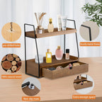 2-Tier Bathroom Countertop Organizer with Drawer, Wood Vanity Shelf Brown