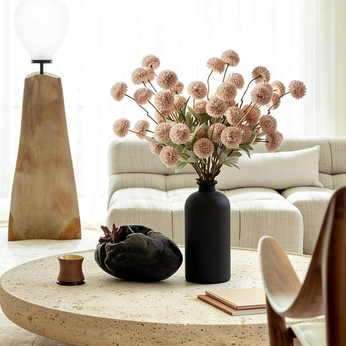 Artificial Flowers for Vase Beige Silk Mums 10 Long Stems with Eucalyptus，Fake Chrysanthemum Floral Arrangement DIY Faux Flowers for Vase,Neutral Floral, Home Decorations