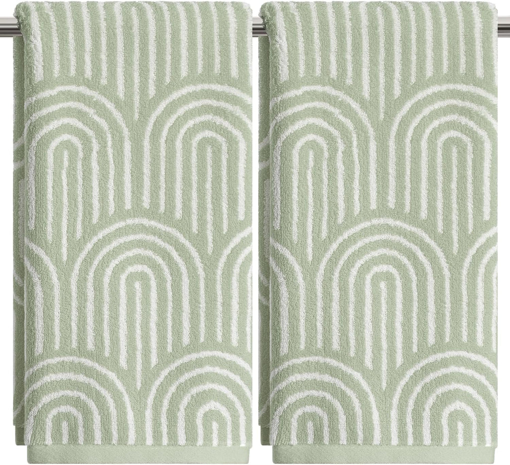 Artoid Mode 2 Pcs Beige Green Arched Stripes Jacquard Hand Towels for Bathroom, 100% Cotton Soft Absorbent Bathroom Decor Towels, 13.7 x 29.5 Inch
