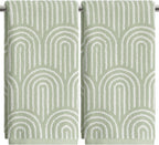 Artoid Mode 2 Pcs Beige Green Arched Stripes Jacquard Hand Towels for Bathroom, 100% Cotton Soft Absorbent Bathroom Decor Towels, 13.7 x 29.5 Inch